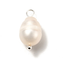 Plata Colgantes naturales de perlas cultivadas de agua dulce, con pernos de cabeza de bola de latón, arroz, plata, 16~17 mm, agujero: 3 mm