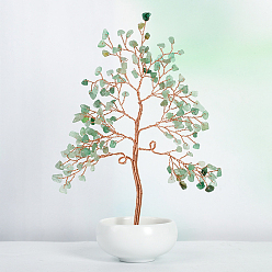 Green Aventurine Undyed Natural Green Aventurine Chips Tree of Life Display Decorations, with Porcelain Bowls, Copper Wire Wrapped Feng Shui Ornament for Fortune, 145x205mm
