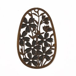 Antique Bronze Brass Pendants, Etched Metal Embellishments, Hollow Out Oval with Flower, Antique Bronze, 40x24x0.2mm, Hole: 1.6mm