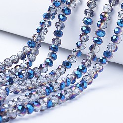 Blue Plated Electroplate Transparent Glass Beads Strands, Half Plated, Faceted, Rondelle, Blue Plated, 3x2mm, Hole: 0.8mm, about 150~155pcs/strand, 15~16 inch(38~40cm)