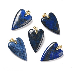 Lapis Lazuli Naturelles lapis-lazuli pendentifs, avec placage à crémaillère apprêts en laiton doré, plaqué longue durée, teint, cœur, 32~34x20x8mm, Trou: 4x4mm