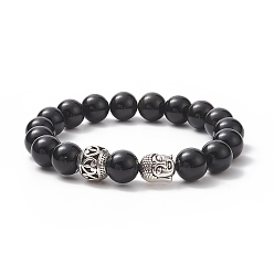 Obsidian Natural Obsidian Beads Stretch Bracelets, with Alloy Findings, Round and Buddha Head, Burlap Packing, Antique Silver, 2-1/4 inch(5.6cm), Bag: 12x8.5x3cm