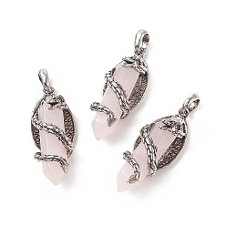 Rose Quartz Natural Rose Quartz Pointed Pendants, Faceted Bullet Charms with Antique Silver Tone Alloy Dragon Wrapped, 47.5x19x18.5mm, Hole: 7.5x6mm