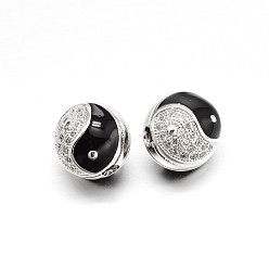 Real Platinum Plated Brass Micro Pave Cubic Zirconia Round Beads, with Enamels, Lead Free & Cadmium Free & Nickel Free, Black & Clear, Real Platinum Plated, 11mm, Hole: 3mm