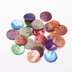 Mixed Color Shell Pendants, Dyed, Flat Round, Mixed Color, 15x1~1.5mm, Hole: 1.5mm, 144pcs/gross