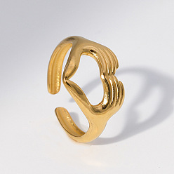 Golden Titanium Steel Heart Hands Open Cuff Ring for Women, Golden, US Size 9(18.9mm)