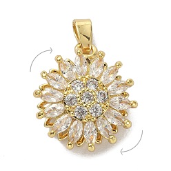 Golden Brass Micro Pave Clear Cubic Zirconia Pendants, Rotatable, Flower, Golden, 16.5x14x7mm, Hole: 5x2mm
