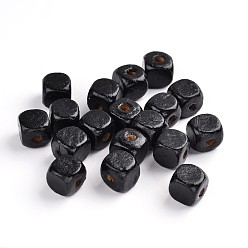 Черный Крашеные натуральные деревянные бусины, кубические, хороший в течение дня ожерелье детских делает, без свинца, чёрные, 10 мм, отверстие : 3.5 мм, Около 2200 шт / 1000 г