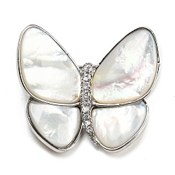 Platinum White Shell Broochs, Butterfly with Heart Brass Rhinestone Pins for Women, Platinum, 32x36x9mm, hole: 5x3mm
