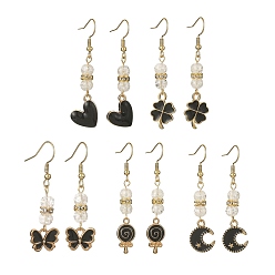 Mixed Shapes Boucles d'oreilles pendantes en alliage d'émail avec perles de quartz craquelé synthétiques, formes mixtes, 46~55x10~13.5mm