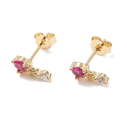 Real 18K Gold Plated Deep Pink Cubic Zirconia Flat Round Dangle Stud Earrings, Brass Jewelry for Women, Cadmium Free & Lead Free, Real 18K Gold Plated, 10x4.5mm, Pin: 0.6mm