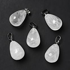 Cristal de Quartz Pendeloques de cristal de quartz naturel, pendentifs en cristal de roche, avec les accessoires en laiton de tonalité de platine, charme de larme, 20~21x11~12mm, Trou: 6x3.5mm