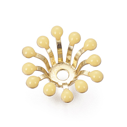 Light Goldenrod Yellow Brass Bead Caps, with Enamel, Flower, Golden, Light Goldenrod Yellow, 11~12x4mm, Hole: 1.6mm, Inner Diameter: 4mm