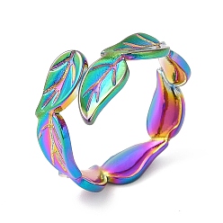 Rainbow Color Chapado iónico (ip) 201 anillo abierto de acero inoxidable, anillo de dedo de hoja para mujer, color del arco iris, tamaño de EE. UU. 6 3/4 (17.1 mm), 5~10 mm