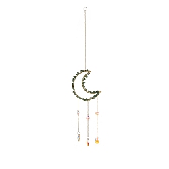 Green Aventurine Crystal Chandelier Glass Teardrop Pendant Decorations, Hanging Sun Catchers, with Natural Green Aventurine Chips Beads, Moon, 518mm
