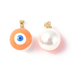 Dark Orange Shell Enamel Pendants, with Real 18K Gold Plated Brass Findings, Long-Lasting Plated, Round with Evil Eye Charm, Dark Orange, 20x16x17mm, Hole: 3.5x4.5mm