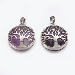 Amethyst Natural Amethyst Pendants, with Brass Finding, Flat Round with Tree of Life, Platinum, 31x27x6mm, Hole: 5x8mm