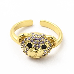 Lilac Cubic Zirconia Bear Open Cuff Ring, Golden Brass Jewelry for Women, Lilac, Inner Diameter: 17mm
