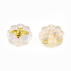 Clair AB Galvanoplastie perles de verre transparentes, couleur ab , avec les accessoires en laiton plaqués or, fleur avec abeilles, clair ab, 12x12x5mm, Trou: 1mm