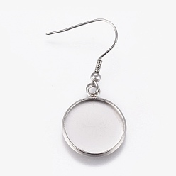 Stainless Steel Color Stainless Steel Dangle Earrings, Cabochon Settings, Flat Round, Stainless Steel Color, Tray: 16mm, Pendant: 21.5x17.5x1.8mm, 40mm, 21 Gauge, Pin: 0.7mm