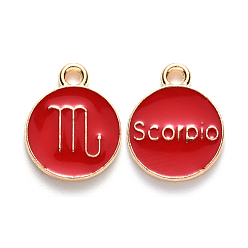 Scorpio Alloy Enamel Pendants, Flat Round with Constellation, Light Gold, Red, Scorpio, 15x12x2mm, Hole: 1.5mm, 50pcs/Box
