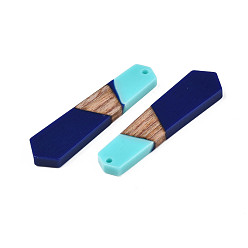 Midnight Blue Opaque Resin & Walnut Wood Pendants, Polygon, Midnight Blue, 49.5x12.5x4mm, Hole: 2mm