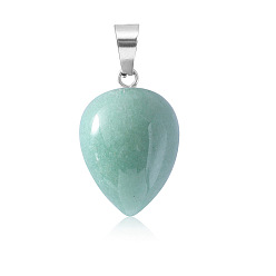 Green Aventurine Natural Green Aventurine Pendants, Teardrop Charms with Platinum Plated Metal Snap on Bails, 26x16mm