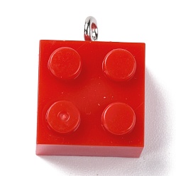 Red Resin Pendants, with Platinum Iron Loop, Toy Bricks, Red, 21x15.5x11mm, Hole: 2.6mm