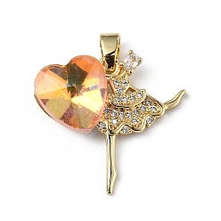 PeachPuff Real 18K Gold Plated Rack Plating Brass Micro Pave Clear Cubic Zirconia Pendants, with Glass, Long-Lasting Plated, Cadmium Free & Lead Free, Dancer with Heart Charm, PeachPuff, 23x24.5x8.2mm, Hole: 5x3.2mm