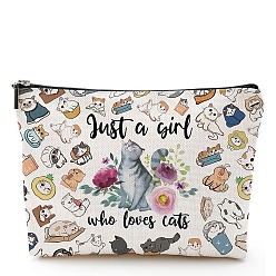 Cat Shape Bolsa de almacenamiento de maquillaje de algodón y lino, neceser de viaje multifuncional, bolso de mano con cremallera para mujer, forma de gato, 18x25 cm