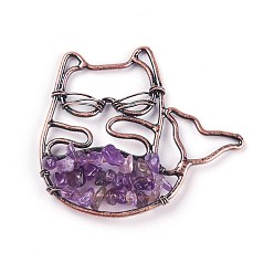 Amethyst Natural Amethyst Big Pendants, with Brass Findings, Animal, Red Copper, 44x50x6mm