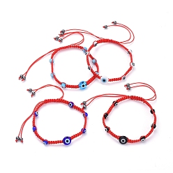 Mixed Color Adjustable Nylon Thread Braided Bead Bracelets, with Handmade Evil Eye Lampwork Beads and Non-Magnetic Synthetic Hematite Beads, Mixed Color, Inner Diameter: 2-3/8 inch~3-7/8 inch(6~10cm)