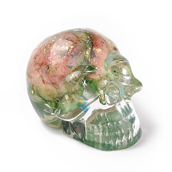 Dark Sea Green Natural Fluorite Skull Beads, Halloween Transparent Resin Skull with Gold Foil, No Hole, Dark Sea Green, 23x22x25mm