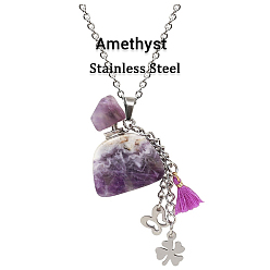 Amethyst Natural Amethyst Perfume Bottle Pendant Necklace with Staninless Steel Butterfly Flower and Tassel Charms, Essential Oil Vial Jewelry for Women, 18.11 inch(46cm)