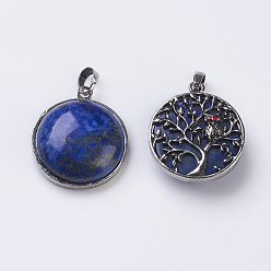 Lapis Lazuli Naturelles lapis-lazuli pendentifs, plat rond, argent antique, 31.5x27x9mm, Trou: 5x8mm