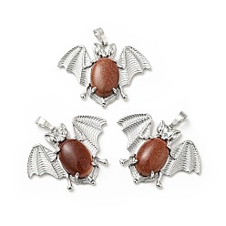 Goldstone Synthetic Goldstone Pendants, with Platinum Tone Brass Findings, Lead Free & Cadmium Free, Bat Charms, 32x43x8mm, Hole: 5x8mm
