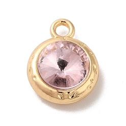 Pink Glass Pendants, Rack Plating Golden Alloy Findings, Nickel Free, Flat Round Charms, Pink, 15x11.5x6mm, Hole: 2mm