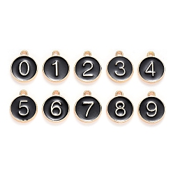 Negro Encantos de esmalte de aleación chapados en oro claro, lentejuelas esmaltadas, plano y redondo con número, número 0~9, negro, 14.5x12x2.5 mm, agujero: 1.4 mm, 10 PC / sistema