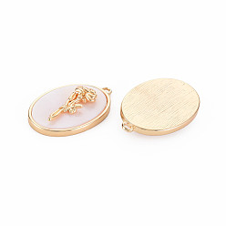 June Rose Brass Birth Floral Pendants, Oval with Flower Mother of Pearl White Shell Charms, Nickel Free, Real 18K Gold Plated, June Rose, 27x18x4mm, Hole: 1.8mm