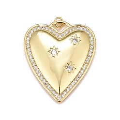 Clear Brass Micro Pave Cubic Zirconia Pendants, Real 18K Gold Plated, Lead Free & Cadmium Free, Heart, Clear, 36.5x31x4mm, Hole: 3mm