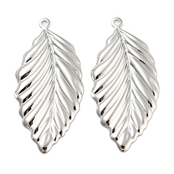 Real Platinum Plated Brass Pendants, Leaf Charms, Real Platinum Plated, 45.5x21.5x2mm, Hole: 2mm