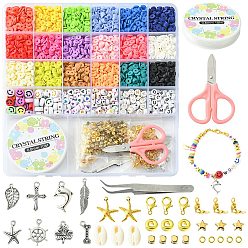 Mixed Color DIY Heishi Surfer Bracelet Making Kit, Including Smile Face Acrylic & Plastic Star & Polymer Clay Disc & Natural Shell Beads, Cross & Leaf & Clover & Helm Alloy & Iron Pendants, Scissors, Tweezers, Mixed Color