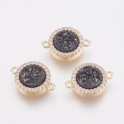 Black Plated Natural Druzy Agate Links connectors, with Brass Finding and Cubic Zirconia, Flat Round, Golden, Black Plated, 15.5~16x11x4mm, Hole: 1.2mm