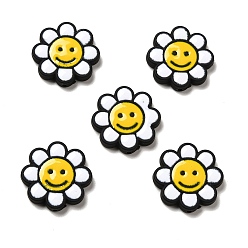 Black Opaque Acrylic Beads, with Enamel, Flower with Smiling Face, Black, 24.5~25x4mm, Hole: 1.5mm