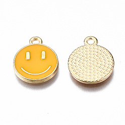 Gold Alloy Enamel Charms, Cadmium Free & Lead Free, Smiling Face, Light Gold, Gold, 14.5x12x1.5mm, Hole: 1.5mm