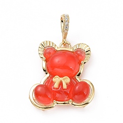 Red Translucent Resin Pendants, Bear with Bowknot Charm, with Brass Micro Pave Clear Cubic Zirconia, Cadmium Free & Lead Free, Real 18K Gold Plated, Red, 28x25x8mm, Hole: 4.5x7mm