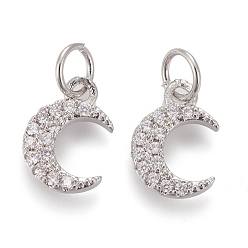 Platinum Brass Micro Pave Clear Cubic Zirconia Charms, Long-Lasting Plated, with Jump Rings, Moon, Platinum, 10x8x1.6mm, Hole: 3.6mm, jump ring: 5x0.6mm