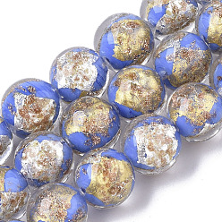 Bleu Dodger Cordes de perles de lampwork en sable dorées faites à la main, moitié feuille d'argent et moitié feuille d'or, ronde, Dodger bleu, 11.5~12.5x11~12mm, Trou: 1.2mm, Environ 45 pcs/chapelet, 20.08 pouce