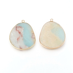 Flower Amazonite Natural Flower Amazonite Pendants, with Brass Findings, Golden, 33.5~34x27x2mm, Hole: 1.5mm