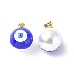 Medium Blue Shell Enamel Pendants, with Real 18K Gold Plated Brass Findings, Long-Lasting Plated, Round with Evil Eye Charm, Medium Blue, 20x16x17mm, Hole: 3.5x4.5mm